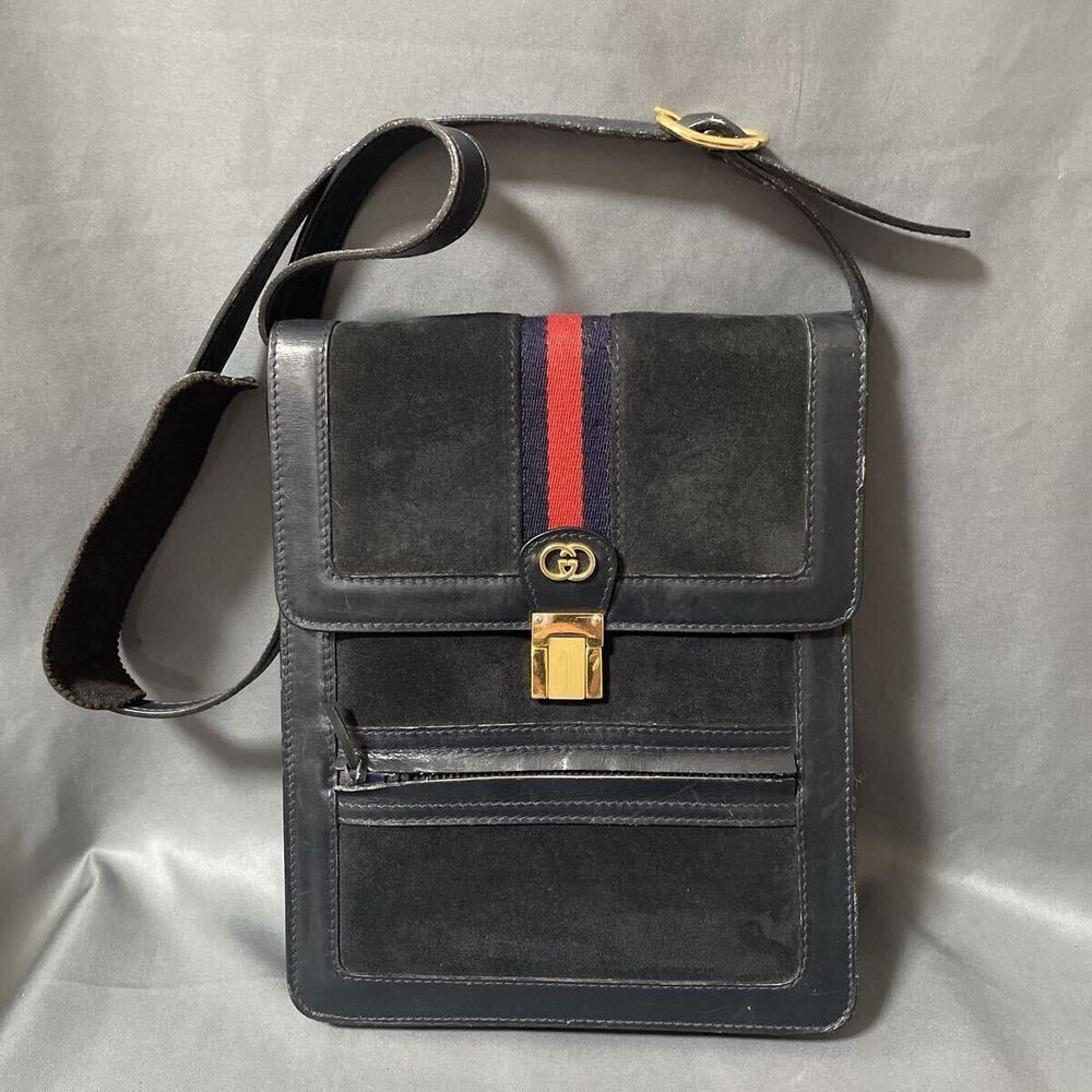 GUCCI Sherry Shoulder Bag Suede Leather Navy Blue